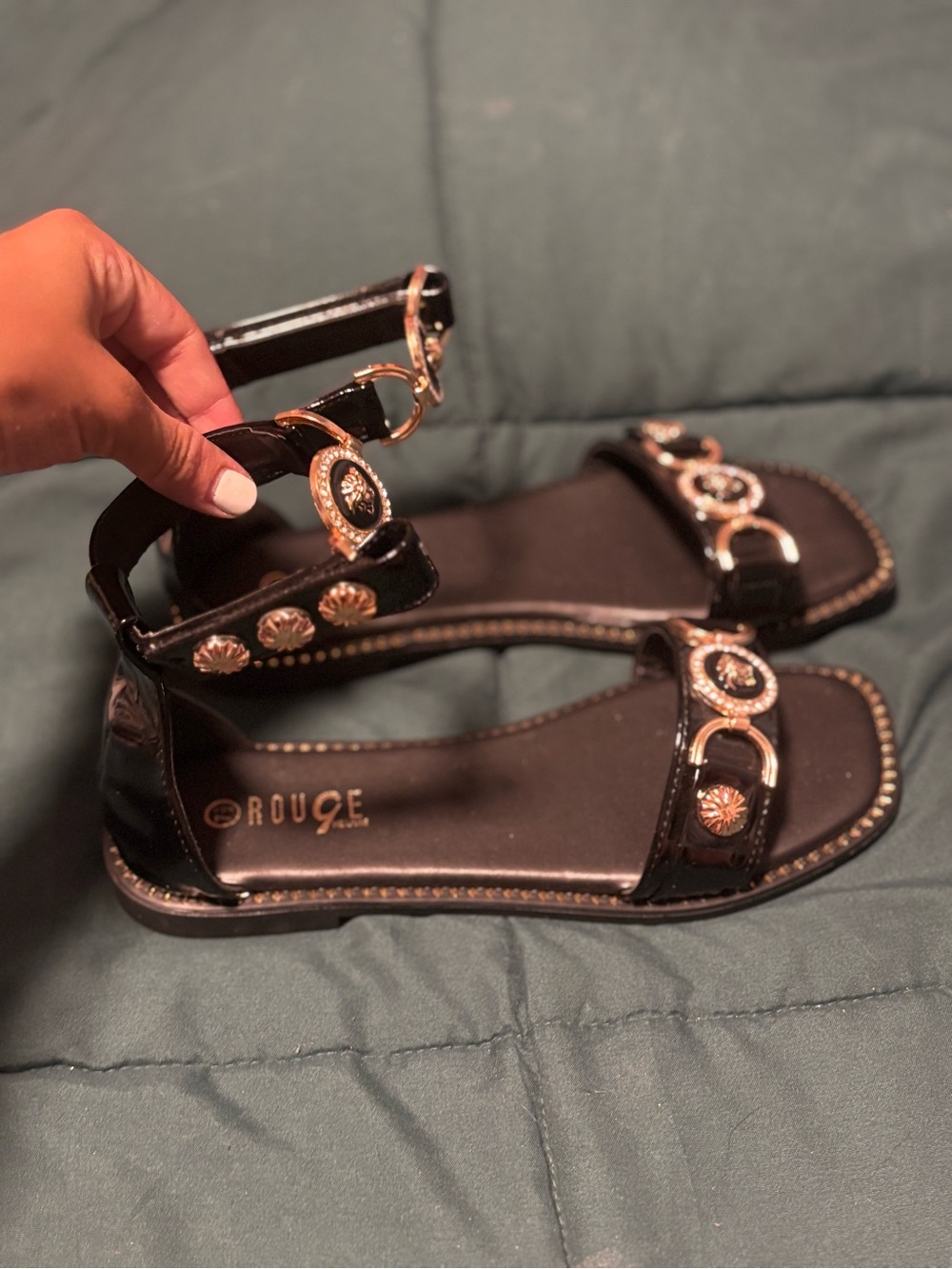 Rouge Helium Black Patent Sandals with Gold-Tone Medallions